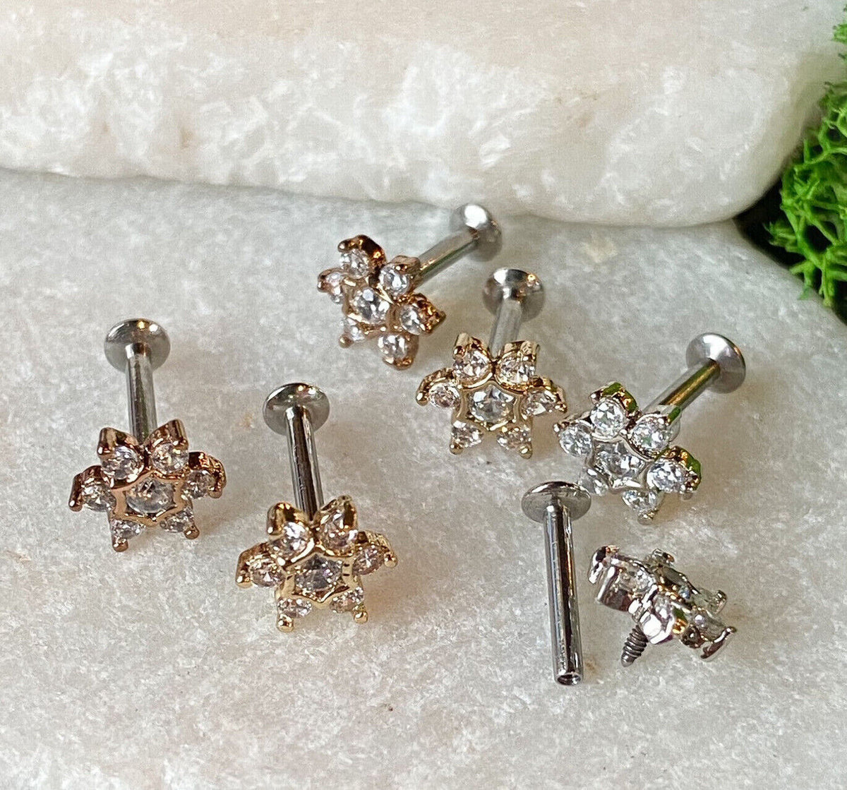 1pc CZ Gem Set Star 16g Internally Threaded 1/4" or 5/16" Steel Labret Monroe