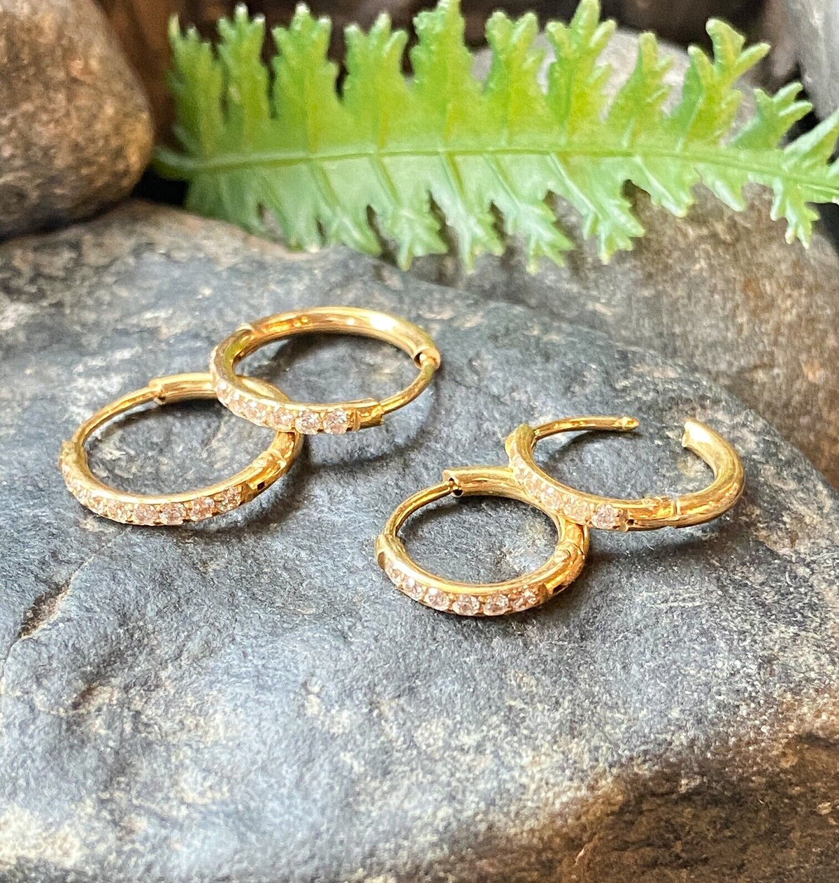 PAIR CZ Gem Paved Small Hoop Earrings 316L Stainless Steel Hinge Action 20g (Color: Gold)