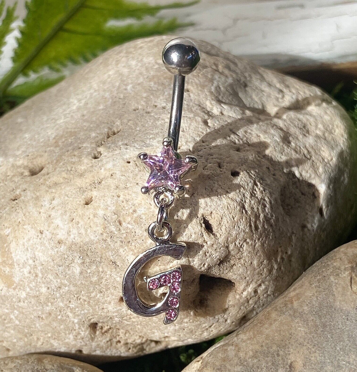 1pc Initial Belly Ring "Metro" Style Pink Gems Navel Naval Letter Body Jewelry (Initial: G)