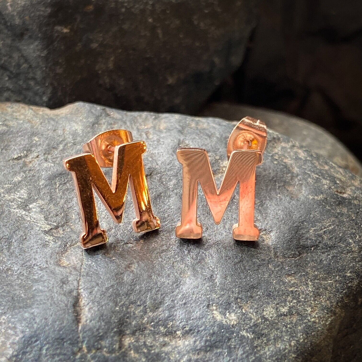 PAIR Rose Gold Plated Steel Initial / Alphabet 20g Earrings - A to Z available! (Letter: M)