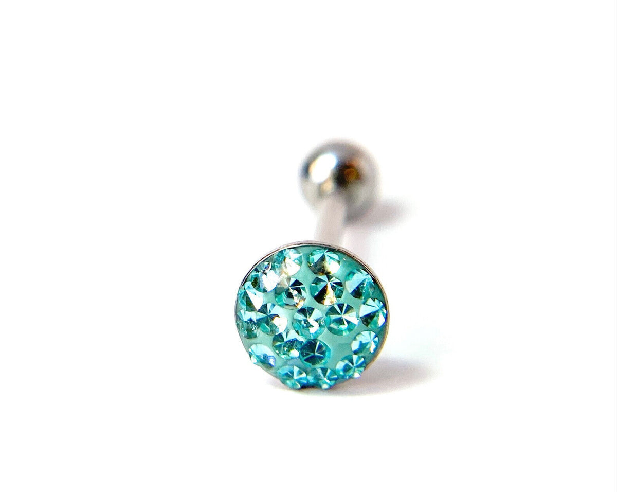 1pc Epoxy Coated Round Paved Crystals Tongue Tounge Ring Barbell Body Jewelry (Color: Aqua)