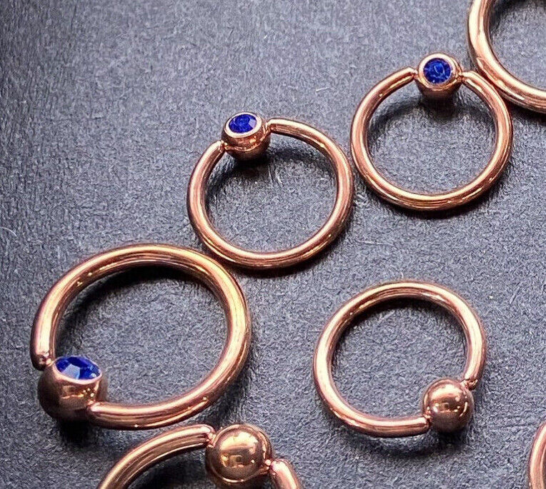 PAIR Rose Gold Gem Captive Bead Rings for Ears, Eyebrow, Septum, Nipples, etc (Gem Color: Blue)