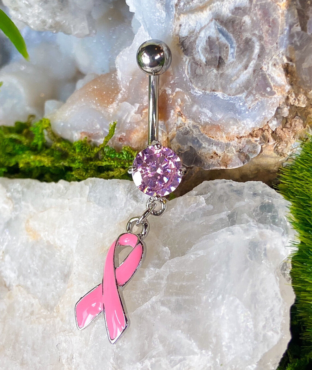 1pc Breast Cancer Awareness Pink Ribbon CZ Gem Belly Ring Pierced Navel Naval