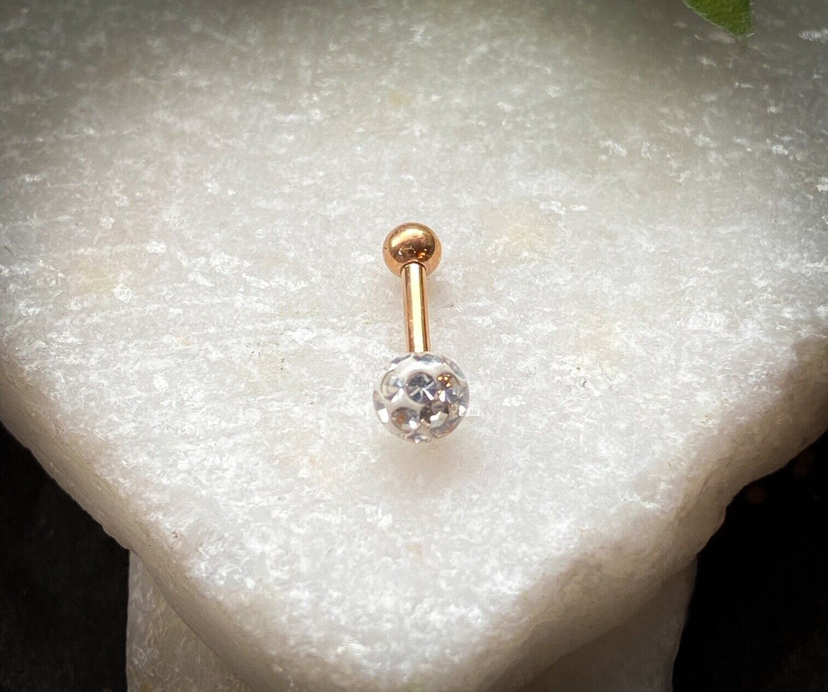 1pc Epoxy Coated Crystal Paved Ball Helix Tragus Cartilage Barbell Int. Threaded (Color: Rose Gold)