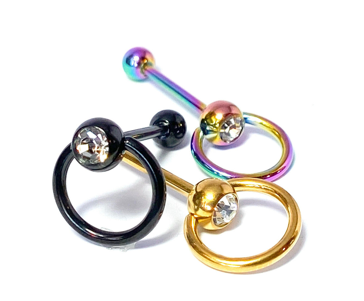 1pc Clear Gem w/ Slave Ring Tongue Ring IP Steel Barbell Door Knocker Tounge