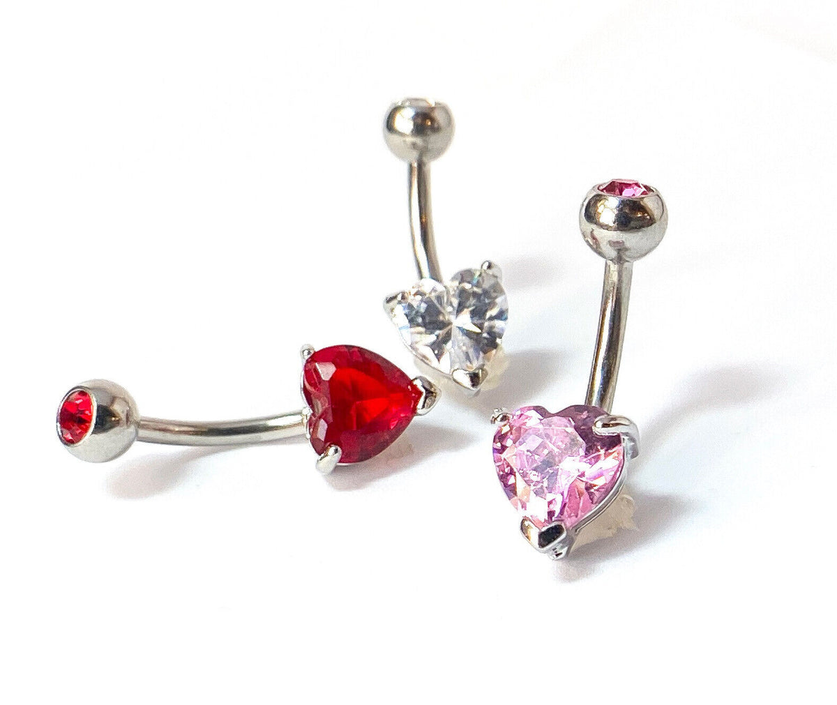 3pc Value Pack Heart Prong Set CZ Gem Surgical Steel Belly Rings Navel Naval