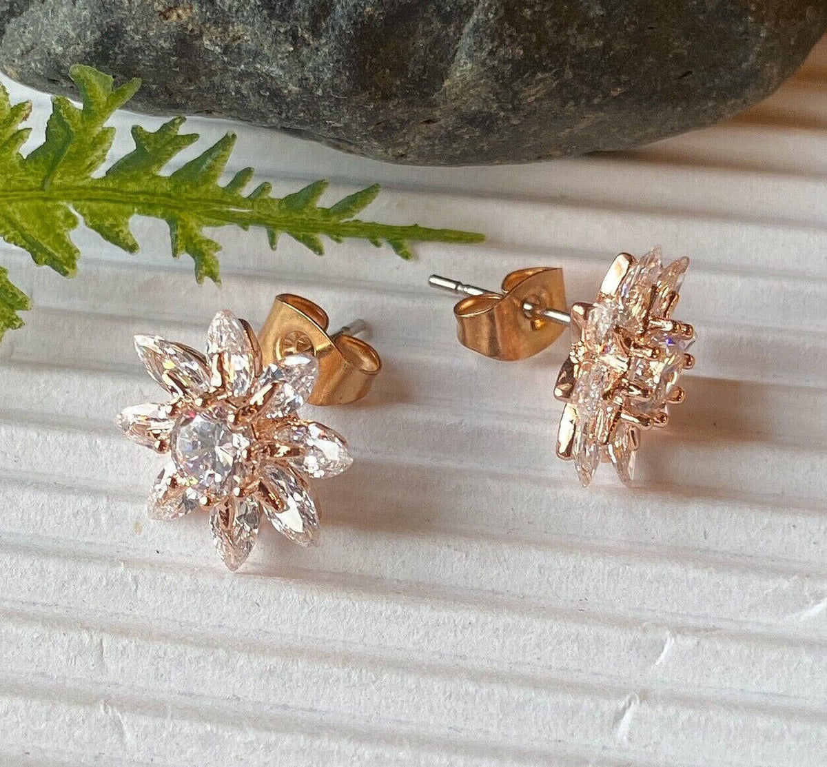 PAIR of Marquise CZ Flower 316L Surgical Steel Post 20g Earrings Studs (Color: Rose Gold)
