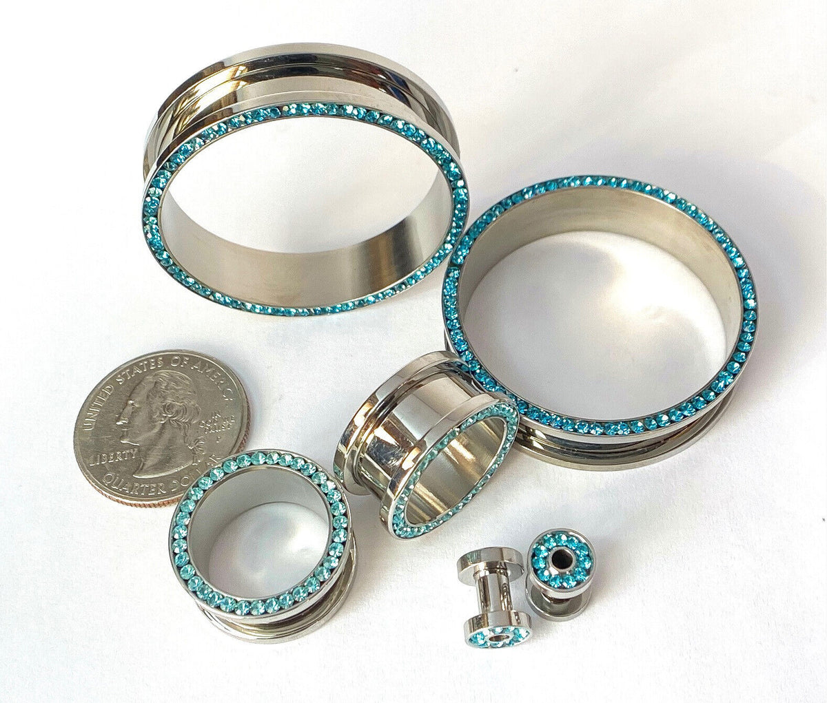 PAIR Aqua CZ Gem Rimmed 316L Surgical Steel Screw Fit Tunnel Plug Gauges