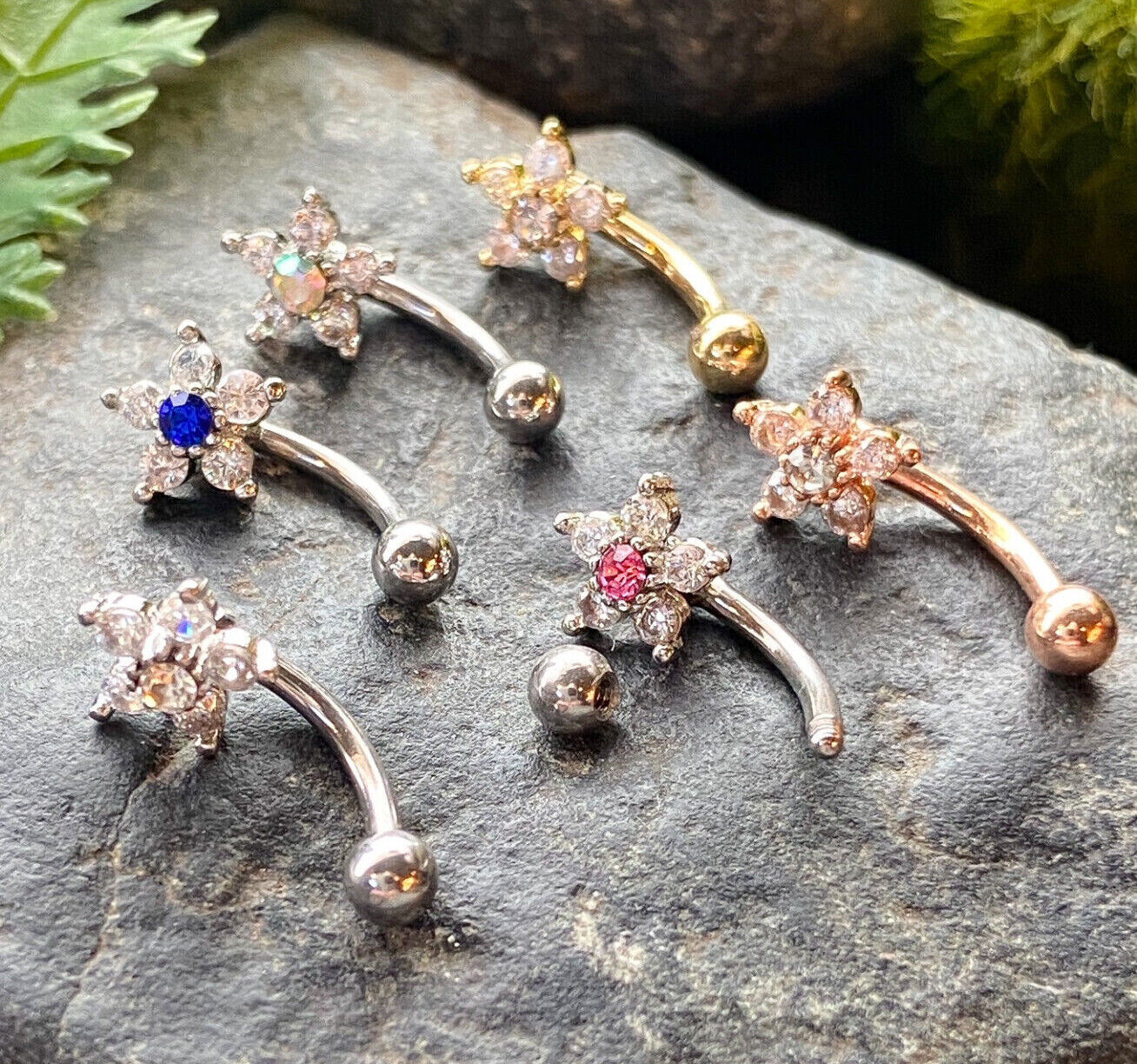 1pc Eyebrow Ring w/ Double Tier CZ Gem Flower 16g Curved Barbell 16 Gauge