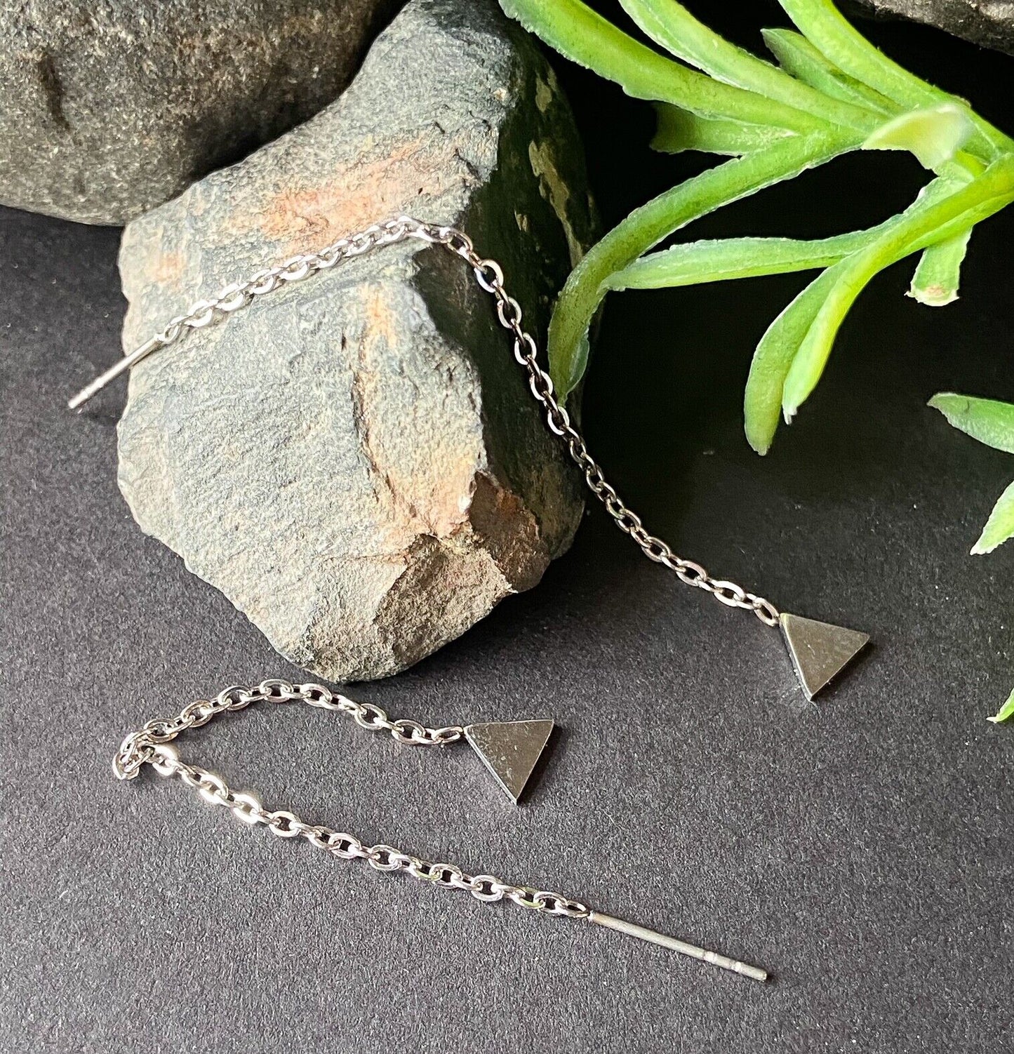 PAIR of Free Falling Chain Earrings w/ Bar & Solid Triangle 20g Stainless Steel (Color: Silver)