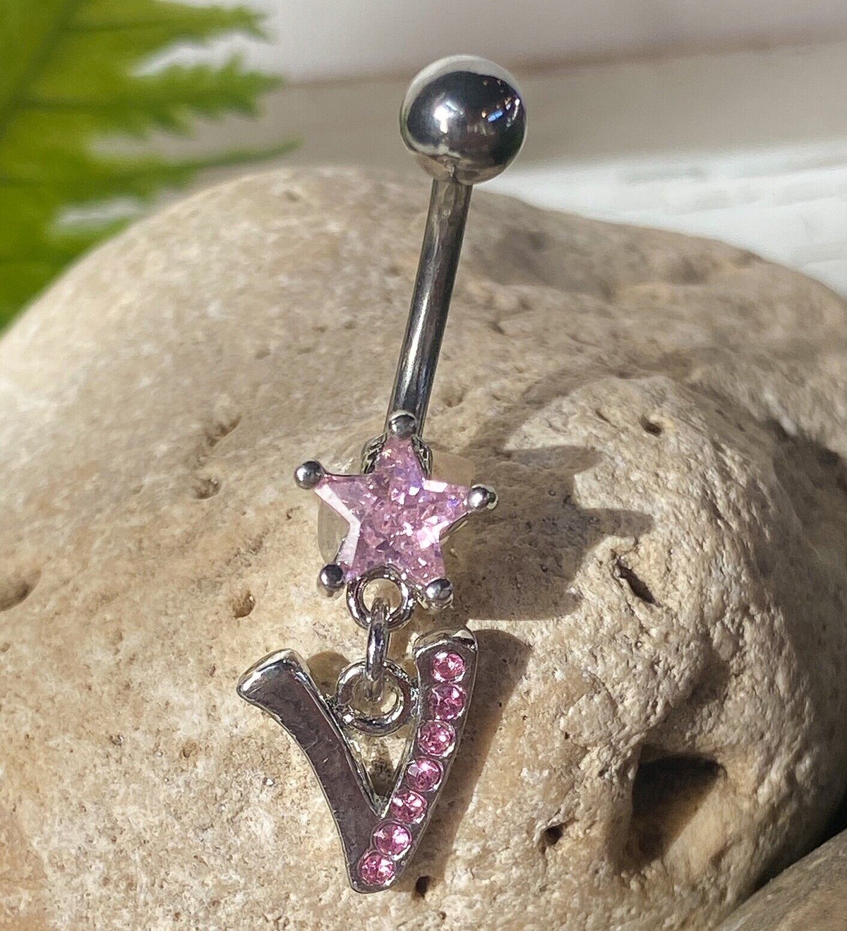 1pc Initial Belly Ring "Metro" Style Pink Gems Navel Naval Letter Body Jewelry (Initial: V)