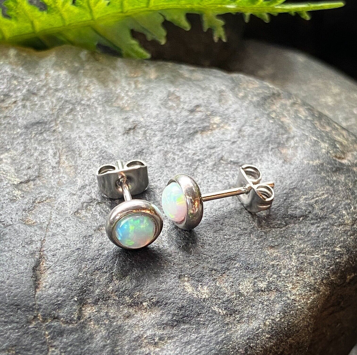 PAIR Bezel Set Opal 316L Surgical Steel Earrings - choose from 18 color combos! (Color: White / Silver)