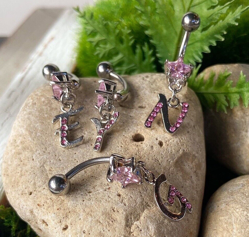 1pc Initial Belly Ring "Metro" Style Pink Gems Navel Naval Letter Body Jewelry