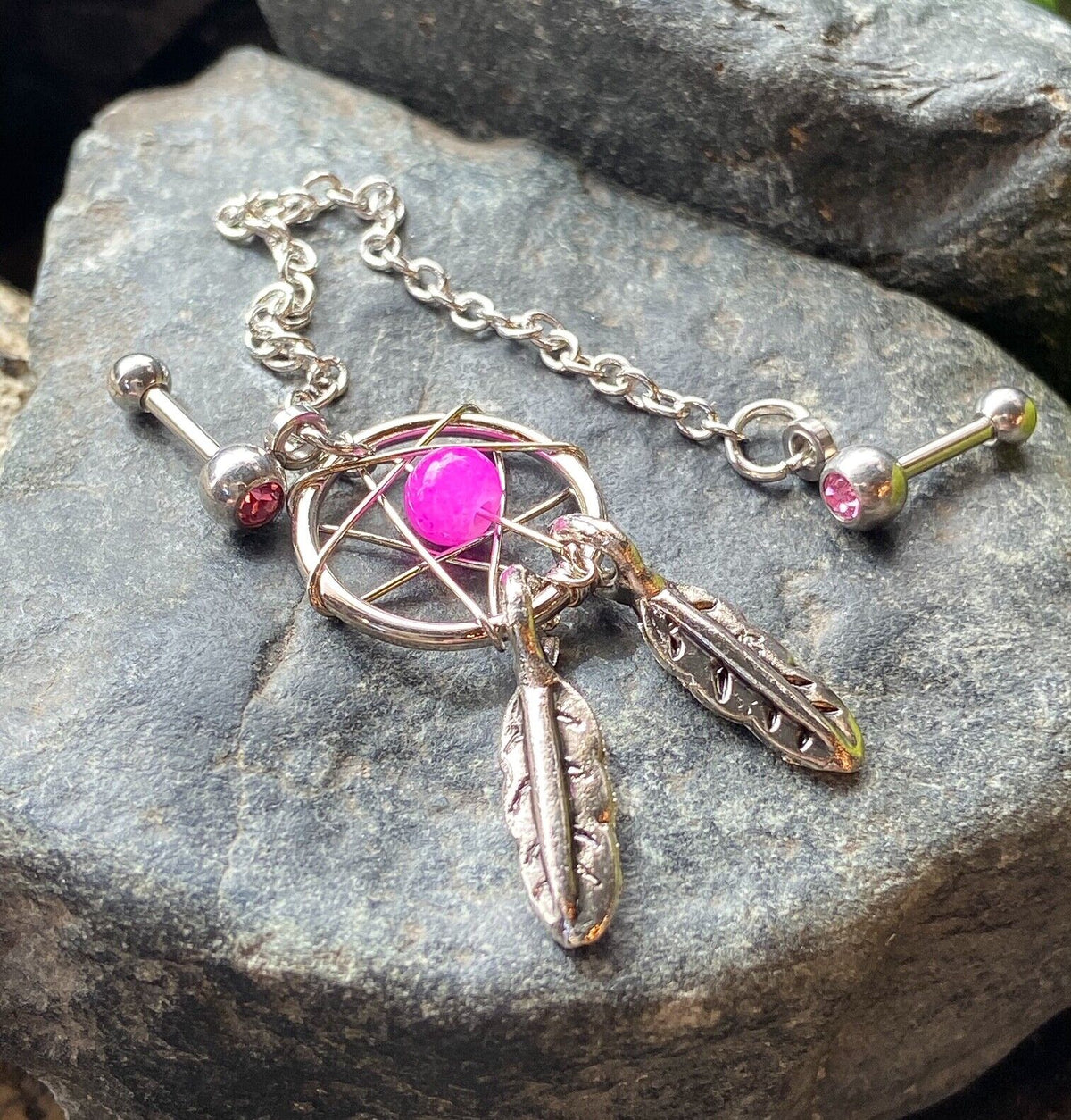 Steel Chain Linked Dream Catcher with Cartilage Tragus Helix Gemmed Barbell (Main Color: Pink)