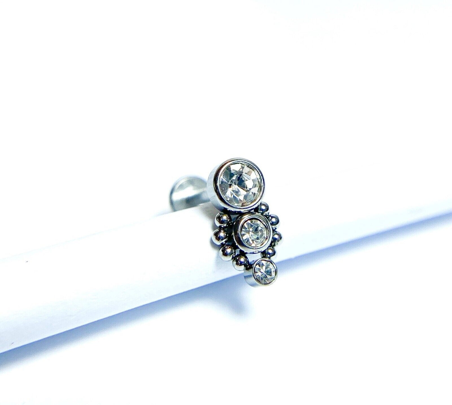 1pc Triple CZ Drop 16g Labret Internally Threaded Steel Monroe Tragus Helix (Color: Silver)