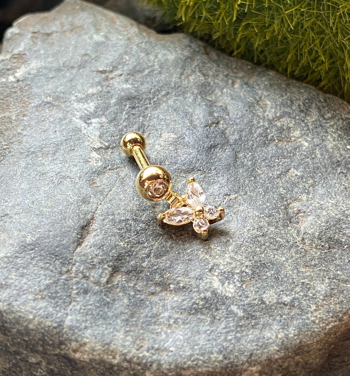 1pc CZ Gem Butterfly Dangle Surgical Steel Tragus Cartilage Barbell Ring 16g 1/4 (Color: Gold)