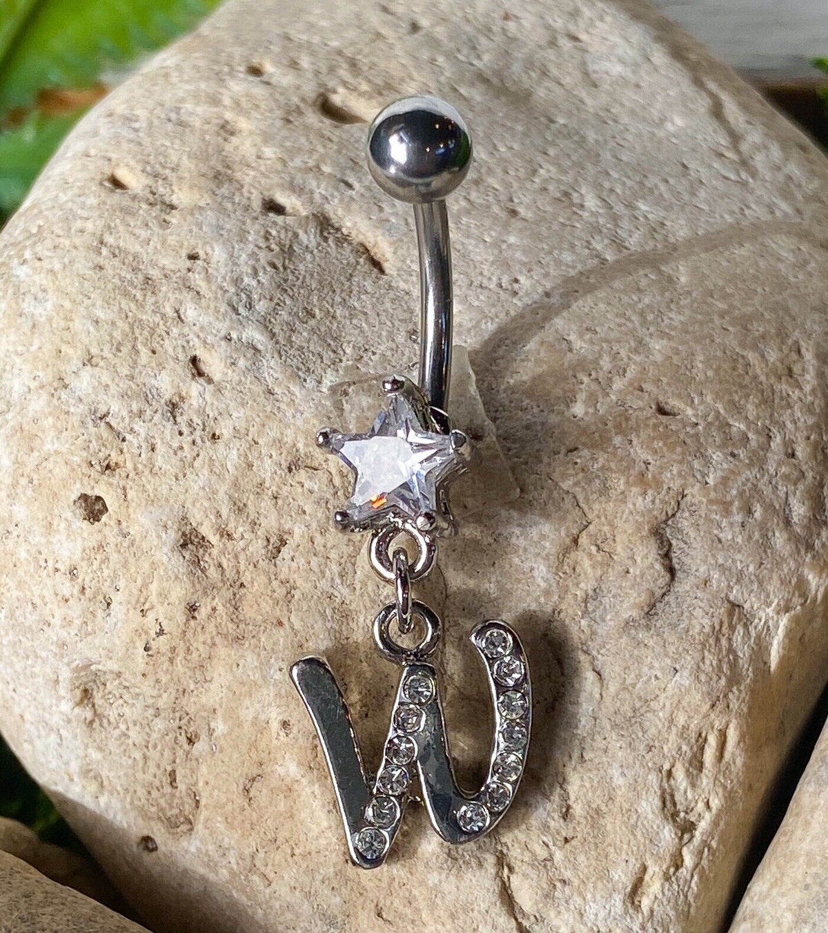 1pc Initial "Metro" Clear Gem Belly Ring Navel Pierced Naval Piercing Letter (Initial: W)