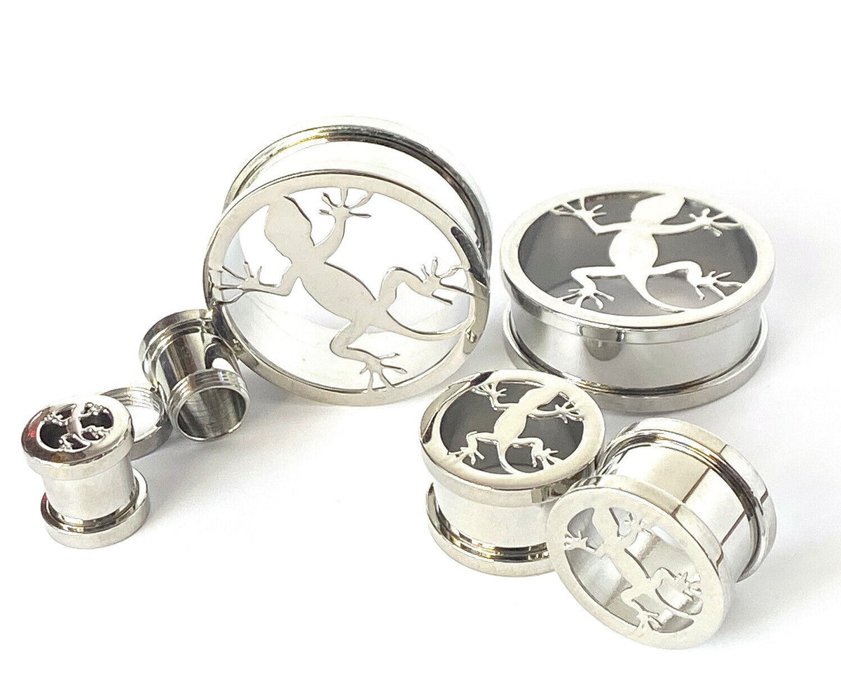 PAIR Lizard Steel Screw Fit Tunnels Plugs Earlets Gauges Gecko Body Jewelry