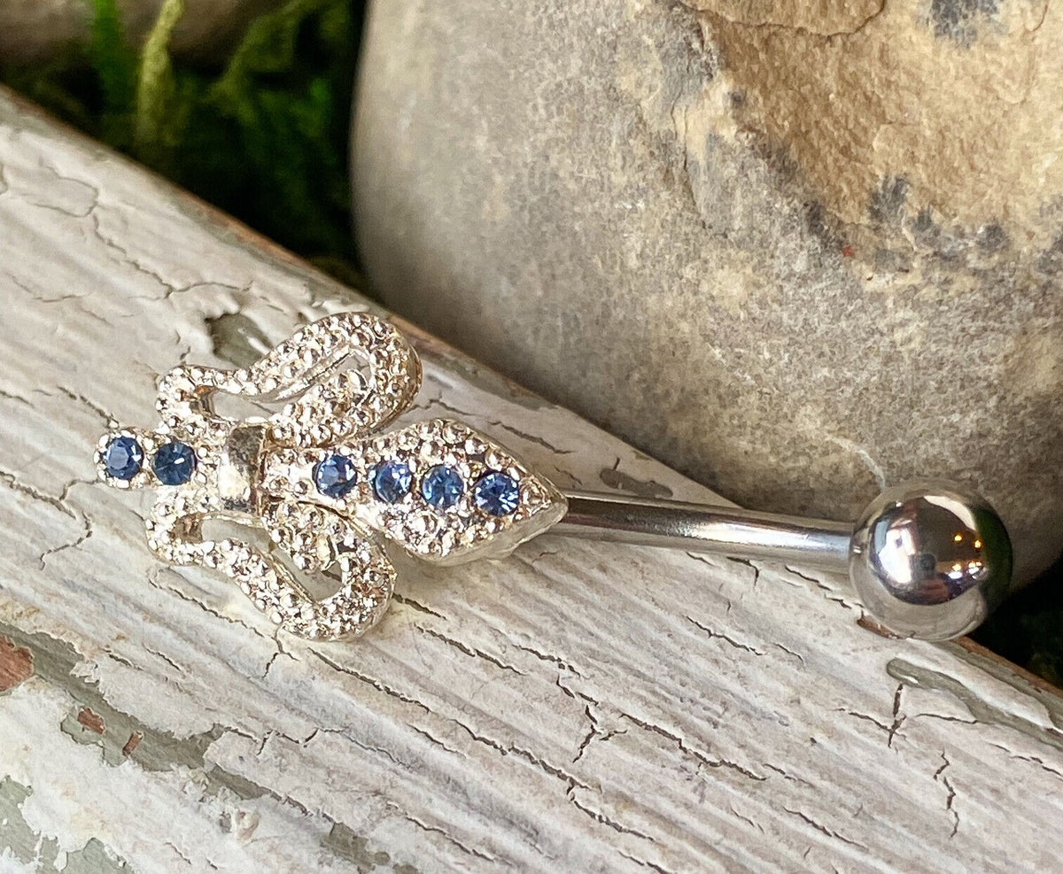Fleur Paved W/ Blue & Clear Gems Belly Ring Navel Naval Fluer Piercing Pierced