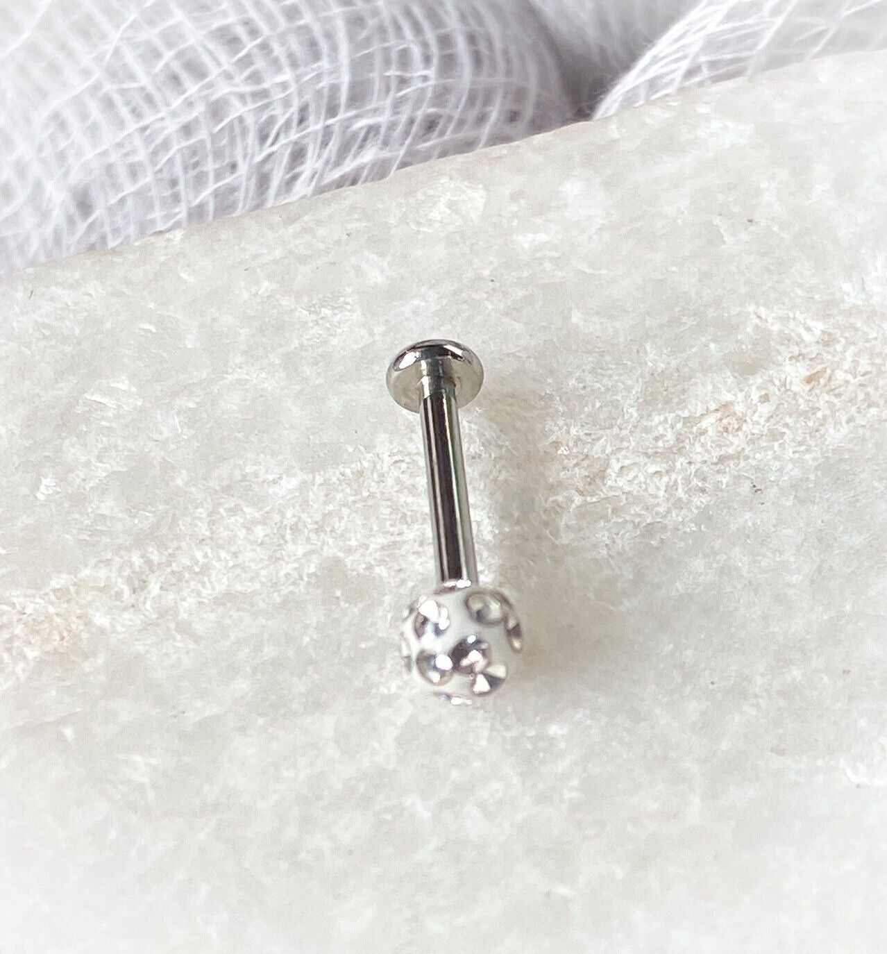 1pc Epoxy Coated Crystal Paved Ball Labret Cartilage Barbell Internally Threaded (Color: Clear)