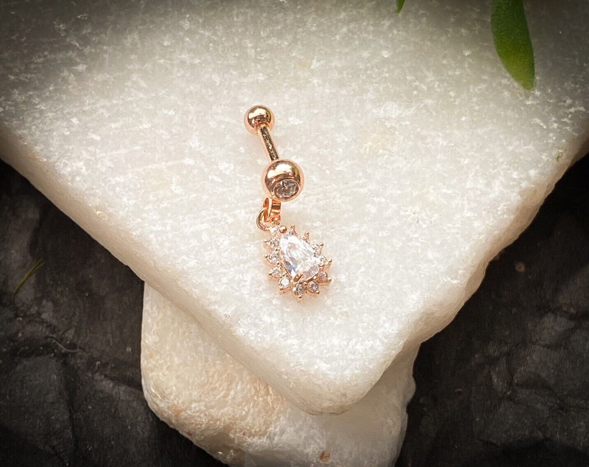 1pc CZ Gem Pear Dangle Surgical Steel Tragus Cartilage Barbell Ring 16g 1/4 (Color: Rose Gold)
