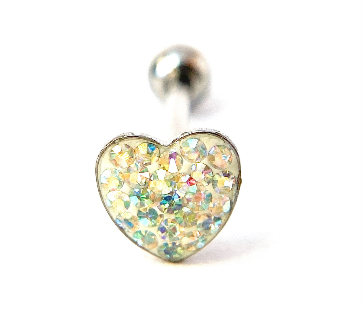 1pc Epoxy Coated Heart Paved Crystals Tongue Tounge Ring Barbell Body Jewelry (Color: Aurora Borealis)