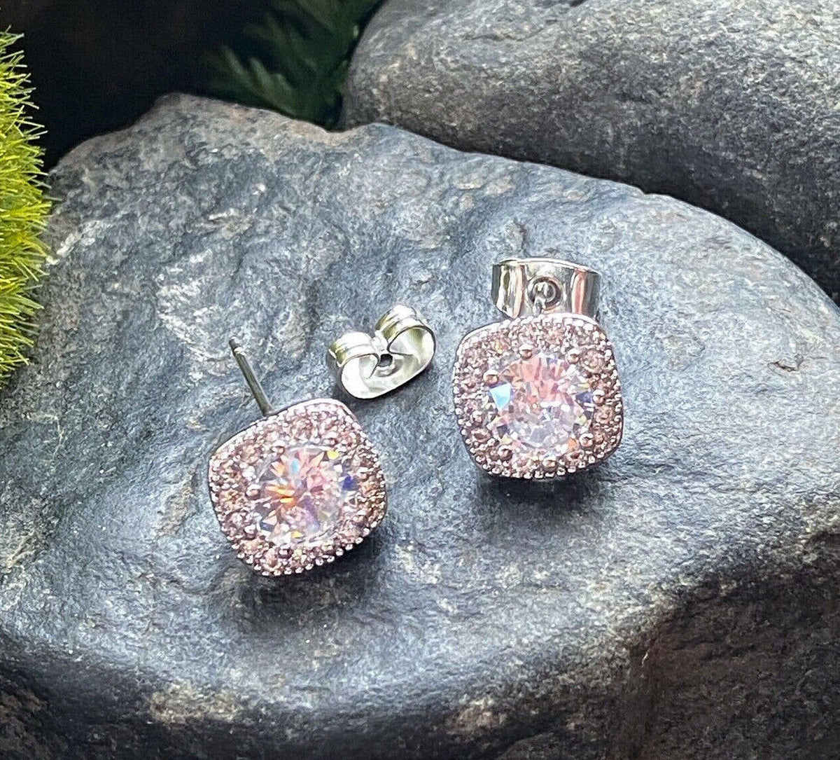 PAIR of Large Round CZ Centered Square 316L Surgical Steel 20g Earrings (Color: Silver)