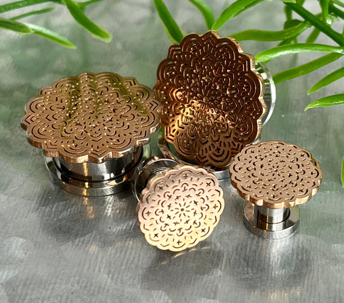 PAIR Rose Gold Tribal Flower Design Steel Screw Fit Tunnels Plugs Body Jewelry