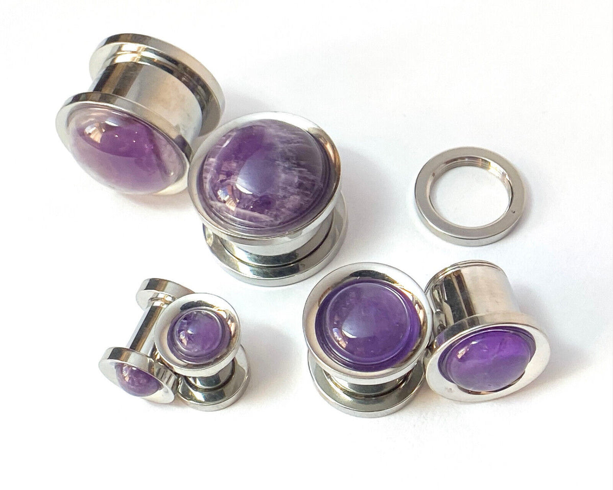 PAIR Amethyst Stone Dome Surgical Steel Screw Fit Tunnels Gauge Amythest Plugs