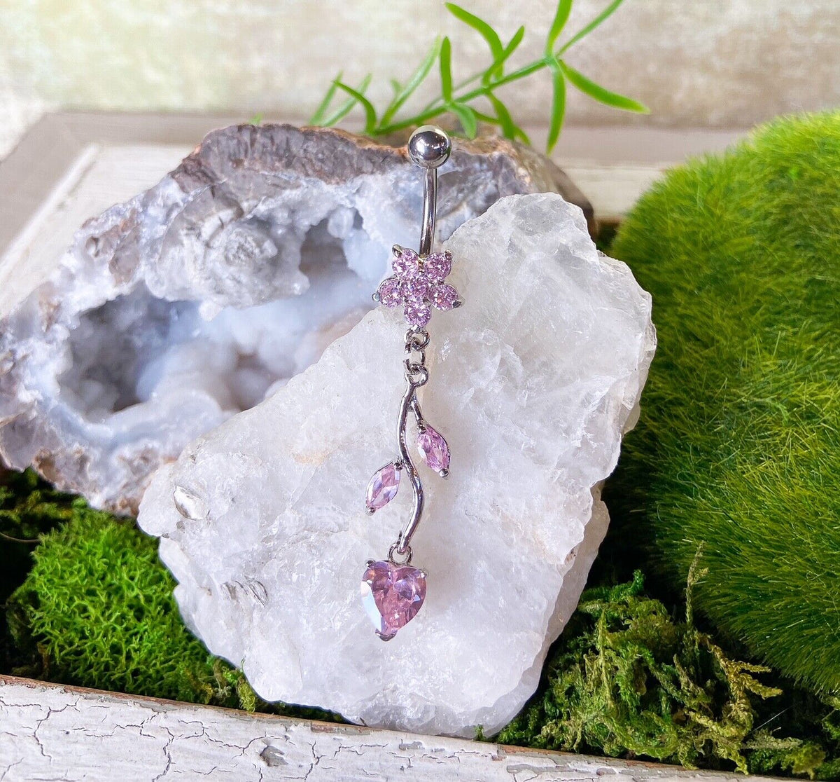 1pc Flower Vine Heart CZ Gems Belly Ring Navel Piercing Pierced Naval Jewelry (Color: Pink)