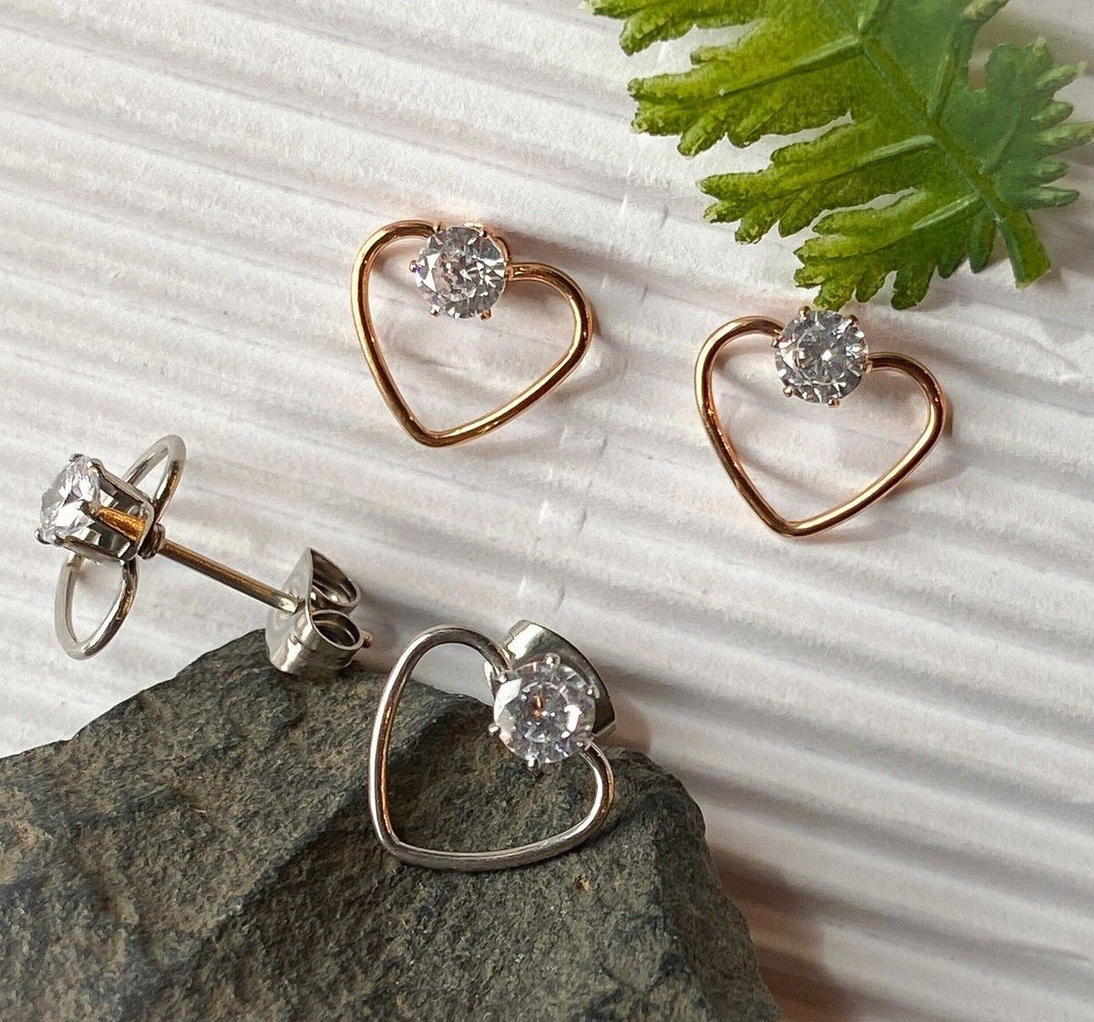 PAIR of CZ Gem Solitaire IP Stainless Steel 20g Earrings w/ Heart