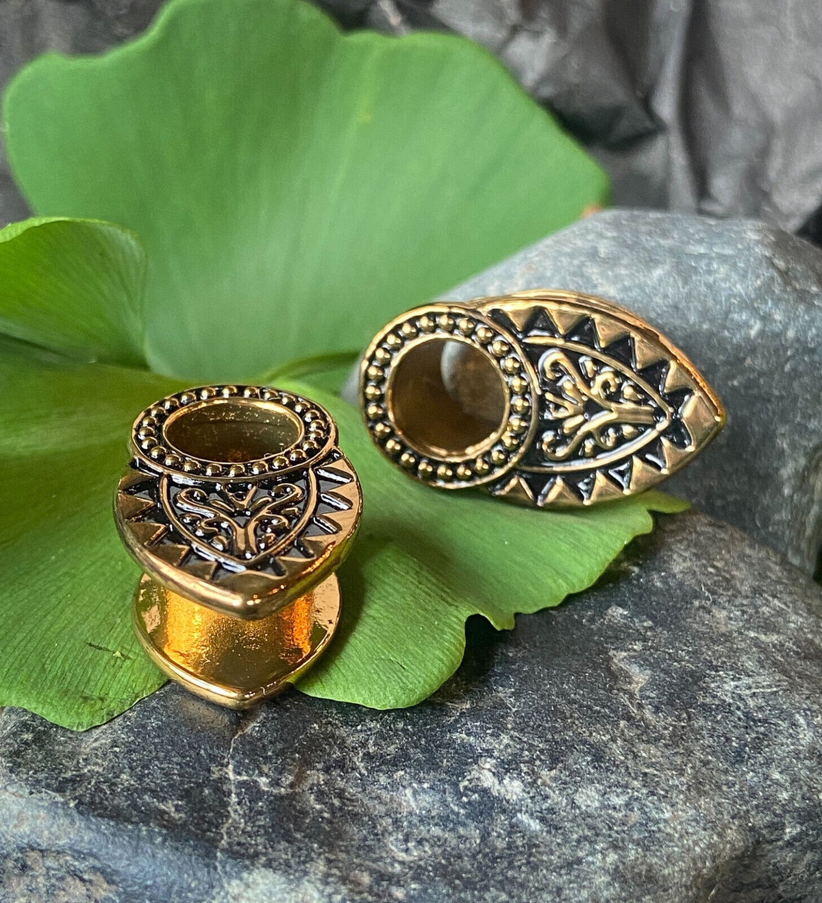 PAIR Tribal Filigree Gold Plated Copper Tunnel Ear Spreaders Plugs Gauges