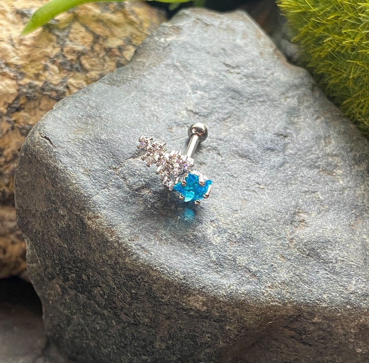 1pc CZ Clustered Shooting Star Tragus Helix Cartilage Ring 16g 1/4" (Gem Color: Aqua)