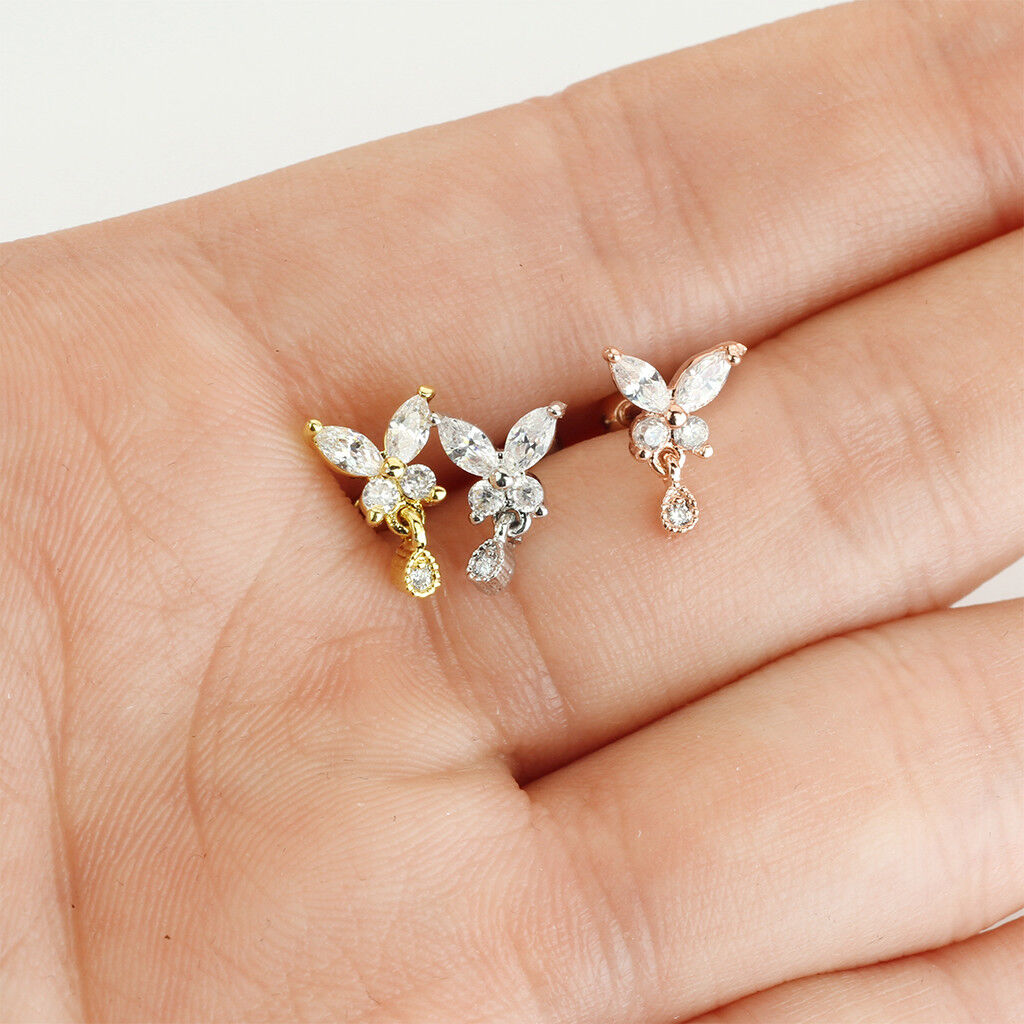 1pc CZ Gem Butterfly w/ Tear Drop Tragus Helix Cartilage Barbell Ring 16g 1/4"