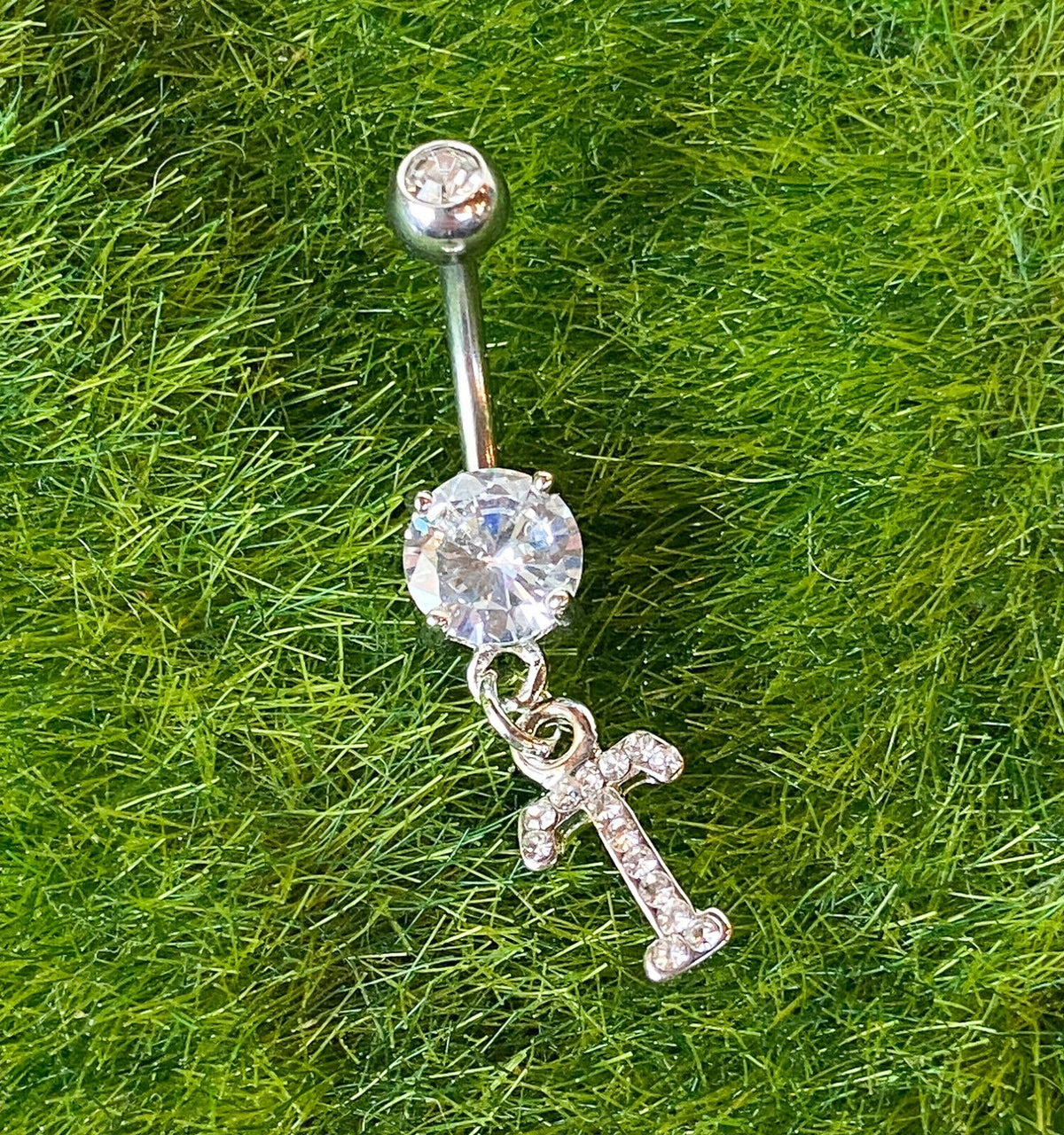 1pc Initial Clear Gem Belly Ring Navel Piercing Pierced Letter Naval Jewelry (Initial: T)