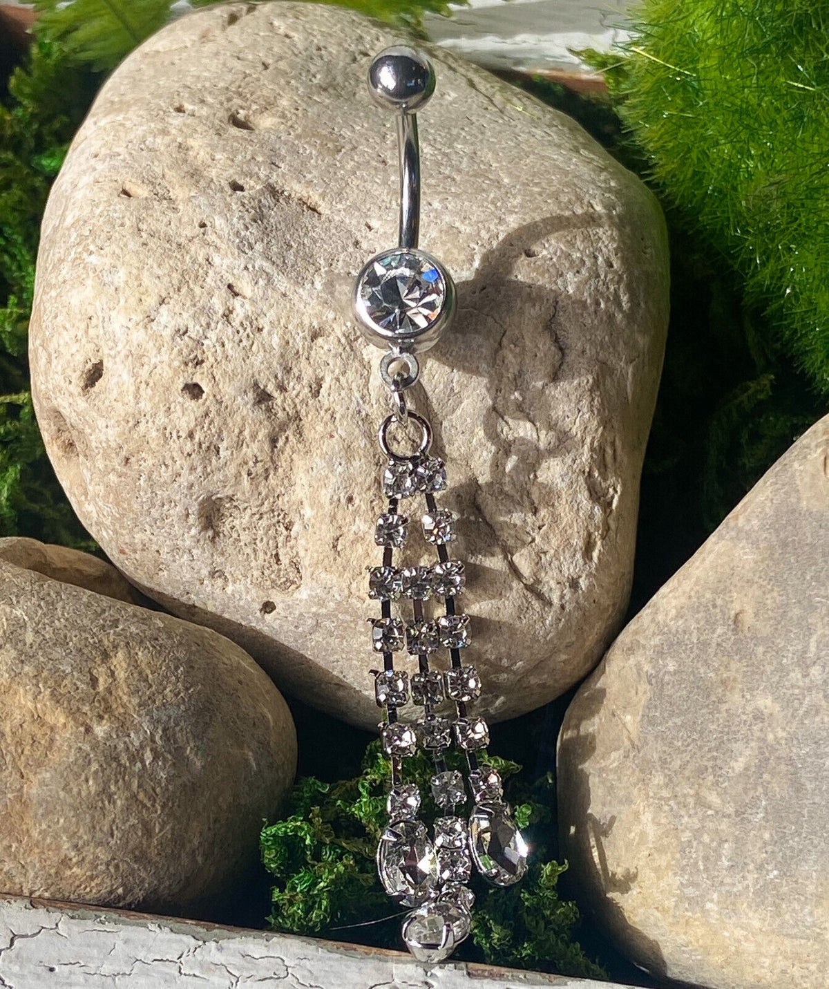 Triple Chain Dangle Clear Gem Belly Ring Navel Piercing Pierced Naval Jewelry
