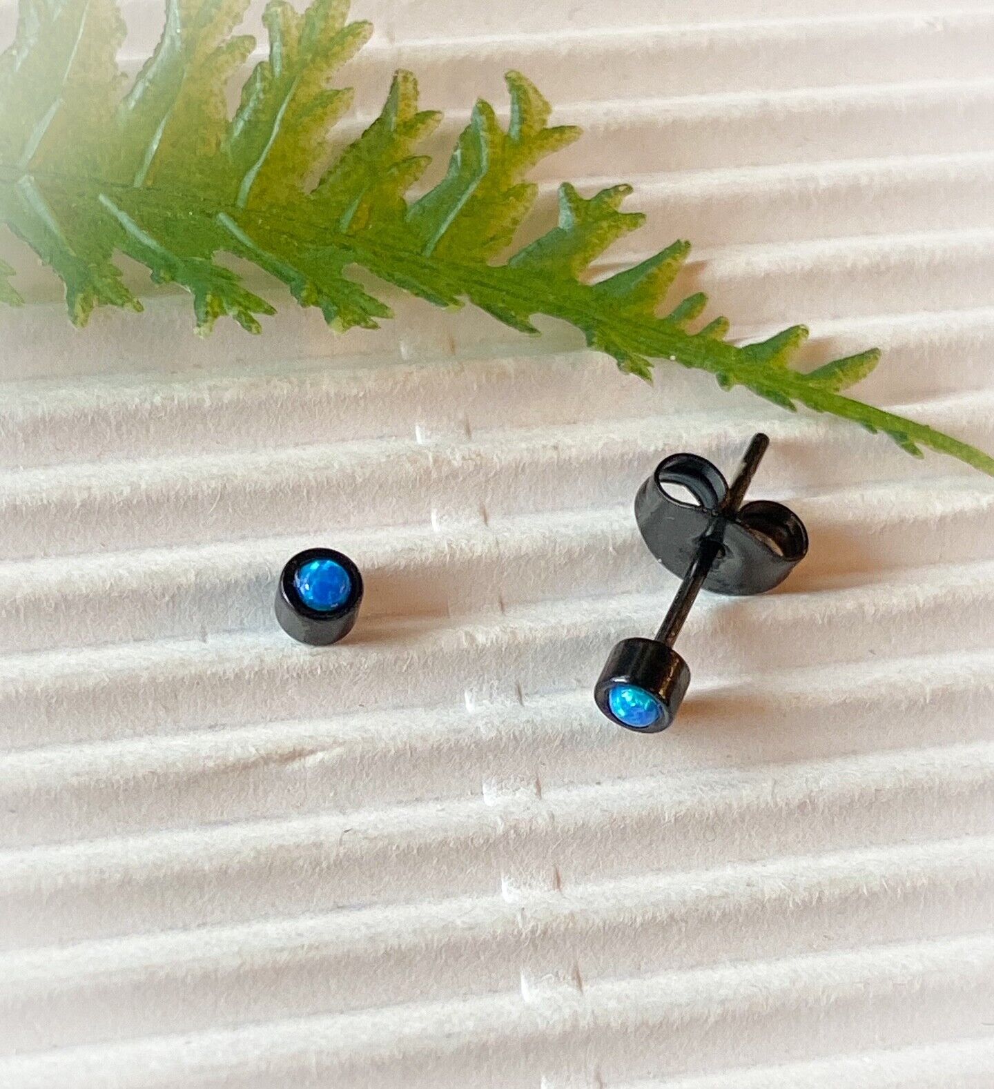 PAIR of Round Opal Bezel Set Earrings 20g 316L Stainless Steel (Color: Black / Blue)