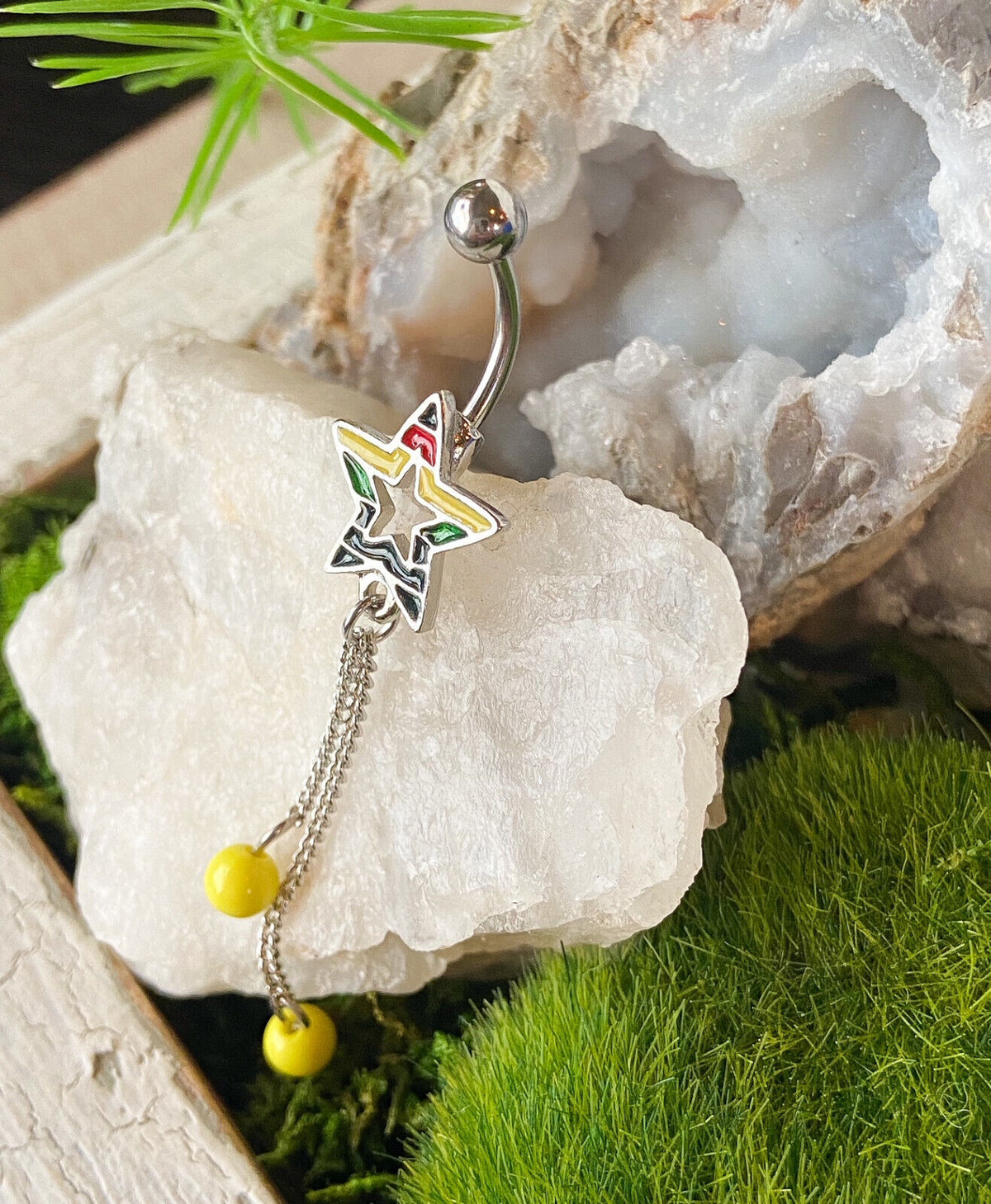 Gay Pride Rainbow Star Double Bead Dangle Belly Ring Pierced Navel Naval Jewelry