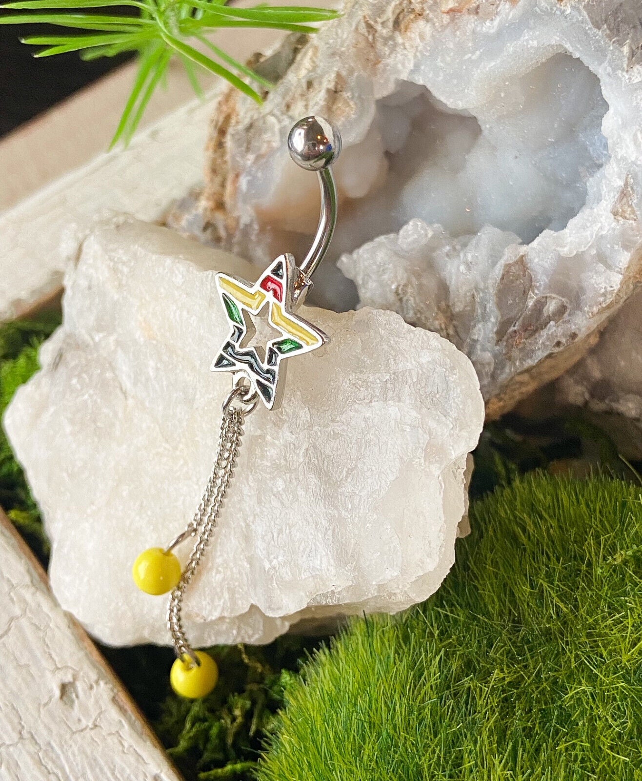 Gay Pride Rainbow Star Double Bead Dangle Belly Ring Pierced Navel Naval Jewelry