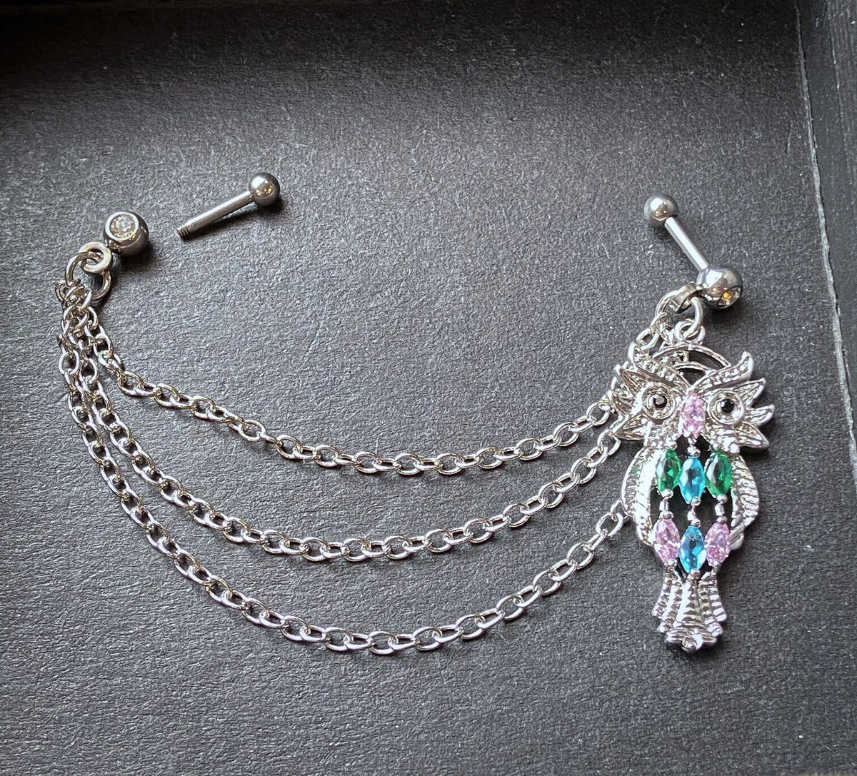Steel Chain Linked Marquise Gemmed Owl Cartilage Tragus Helix Barbell Jewelry