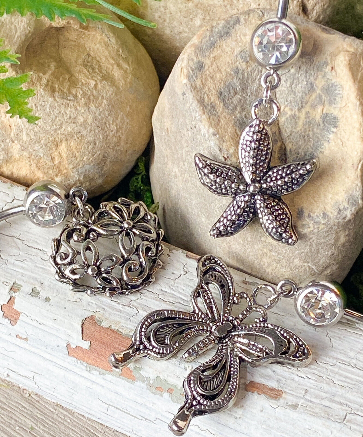 Vintage Dangle Cast Belly Ring Pierced Navel Heart, Flower, Butterfly, Star