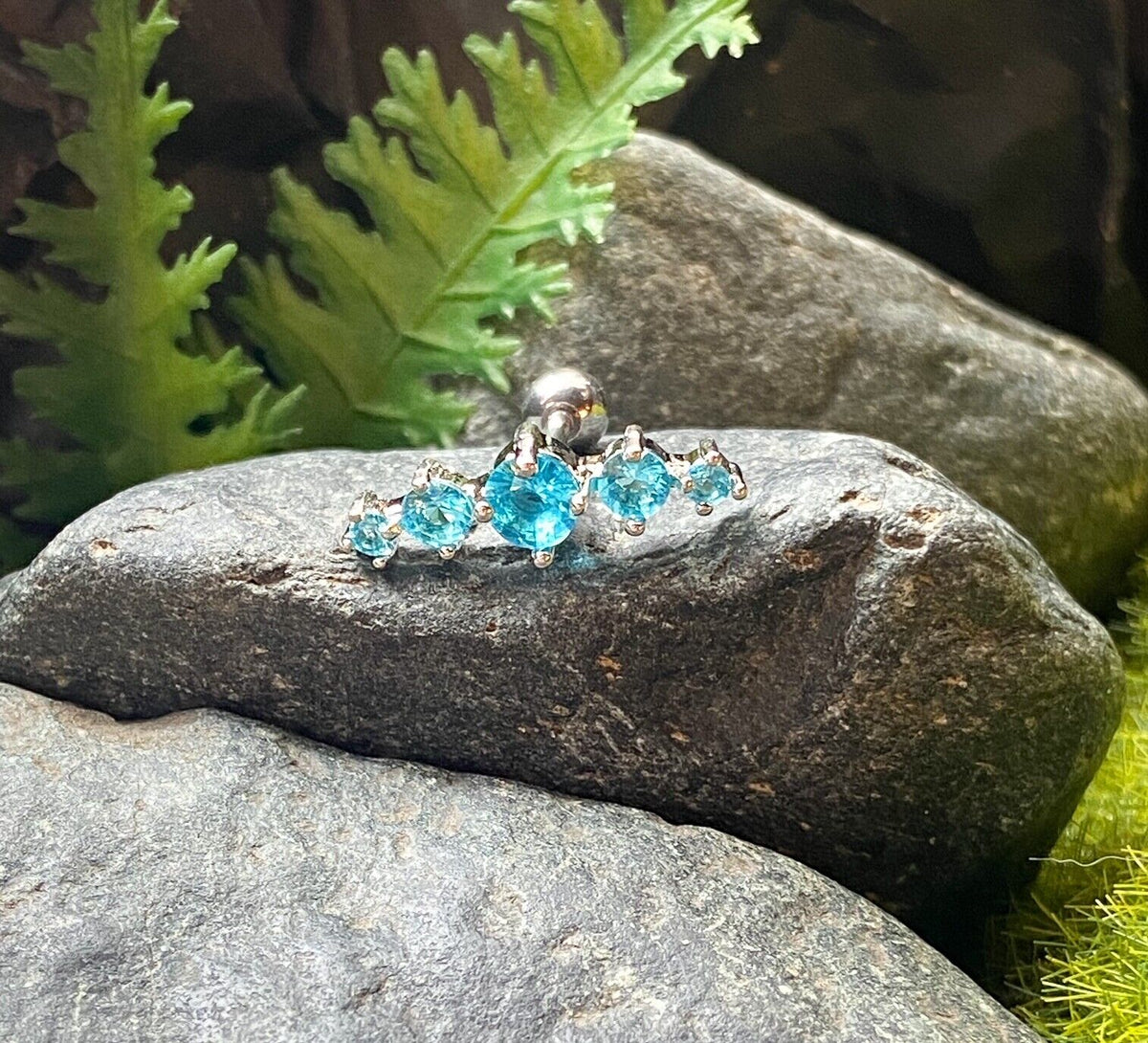 1pc Prong Set Journey Curve Gem Tragus Helix Cartilage Ring 16g 1/4" 6mm Jewelry (Gem Color: Aqua)