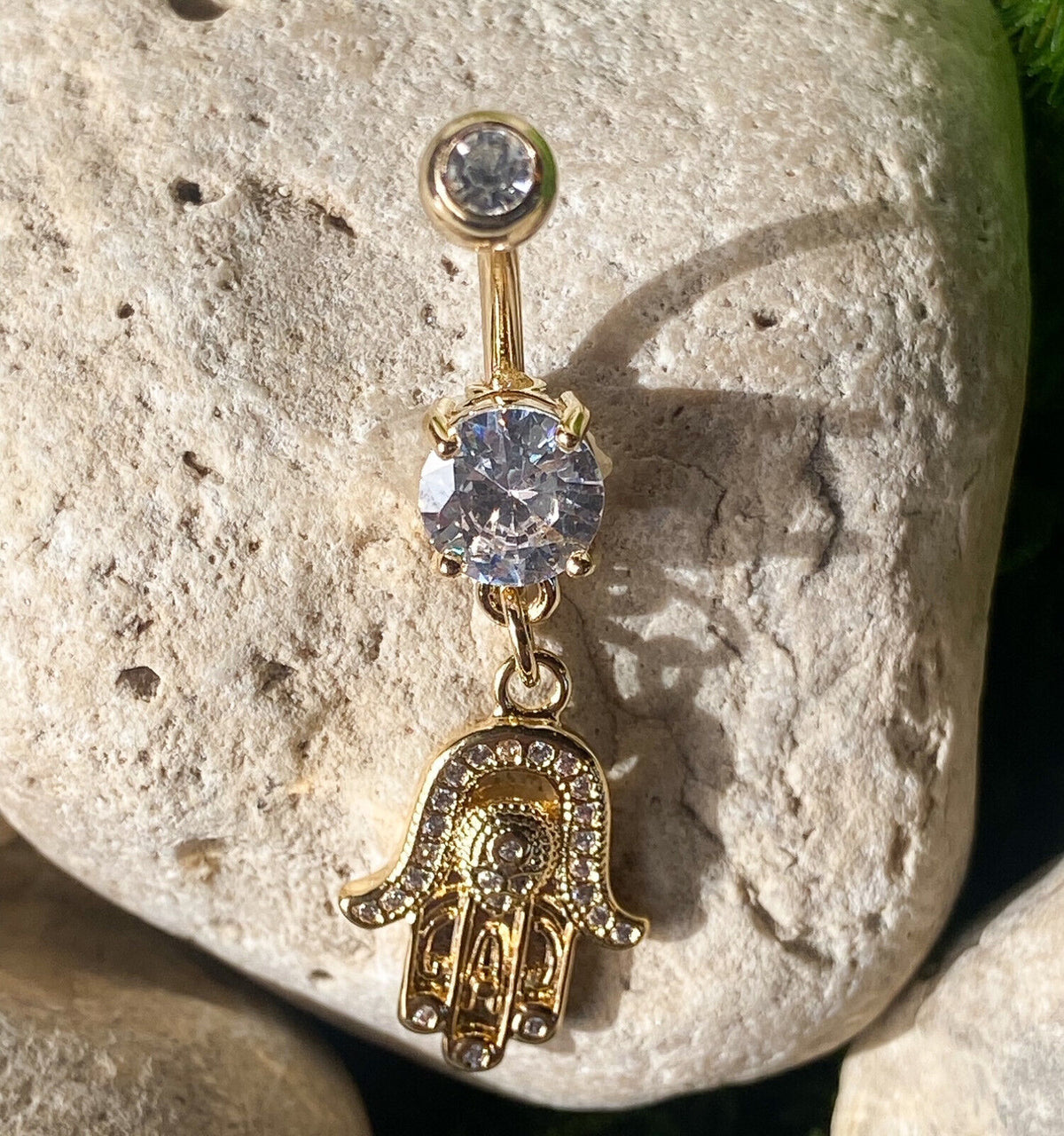 14kt Gold Plated Hamsa Belly Ring CZ Gem Paved Dangle Navel Piercing Naval
