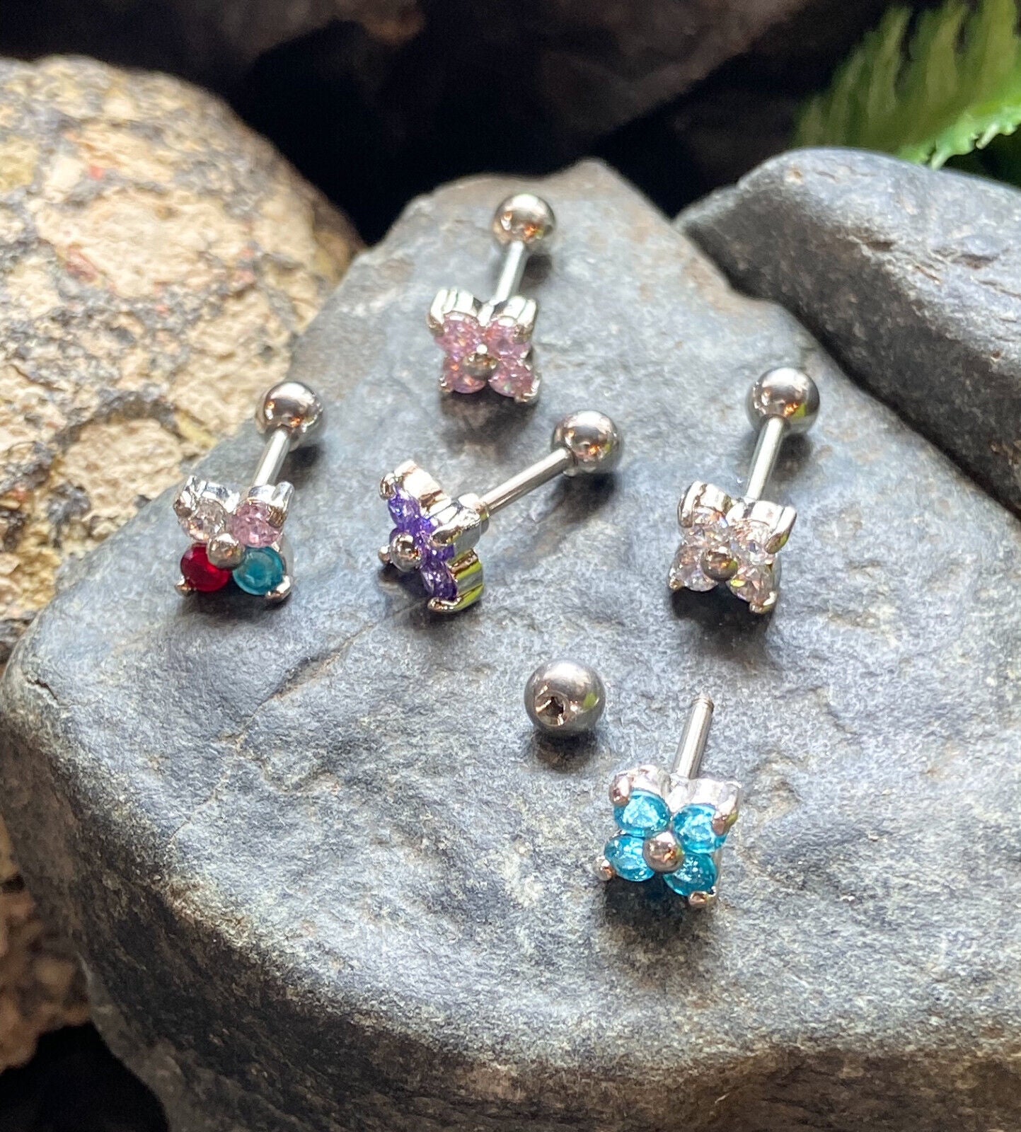 1pc Prong Set Flower Gem Tragus Helix Cartilage Ring 16g 1/4" Piercing Jewelry