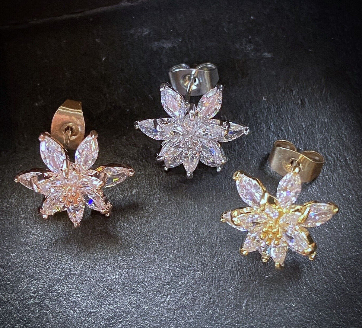 PAIR of Double Tiered CZ Flower 316L Surgical Steel Post 20g Earrings Studs