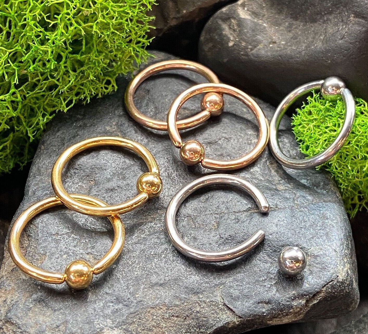 3 PAIR Value Pack Steel, Gold and Rose Gold Captive Bead Rings CBR's 16g 14g