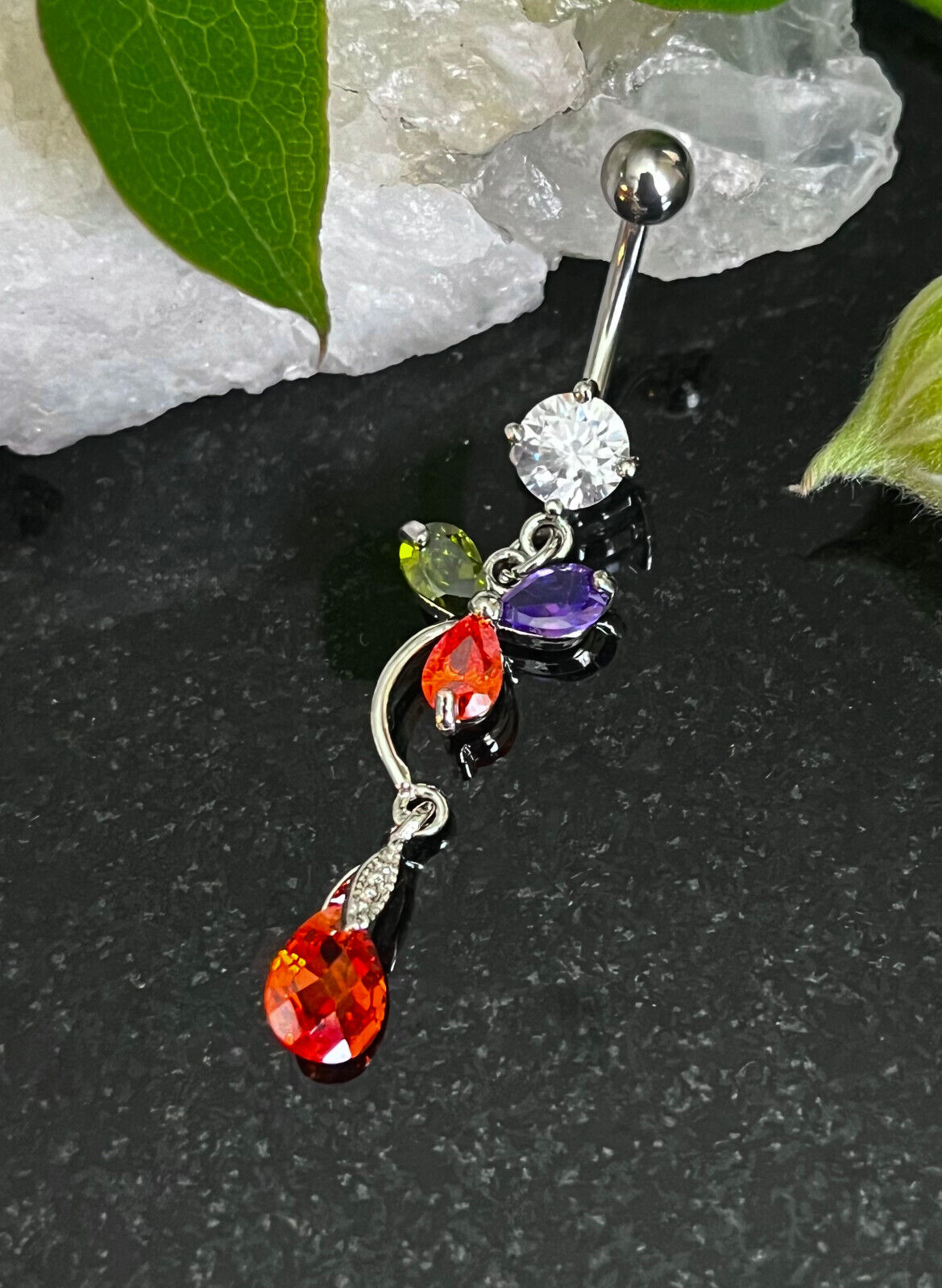 Teardrop & Flower Multicolor Gem Belly Ring Piercing Navel Naval Body Jewelry