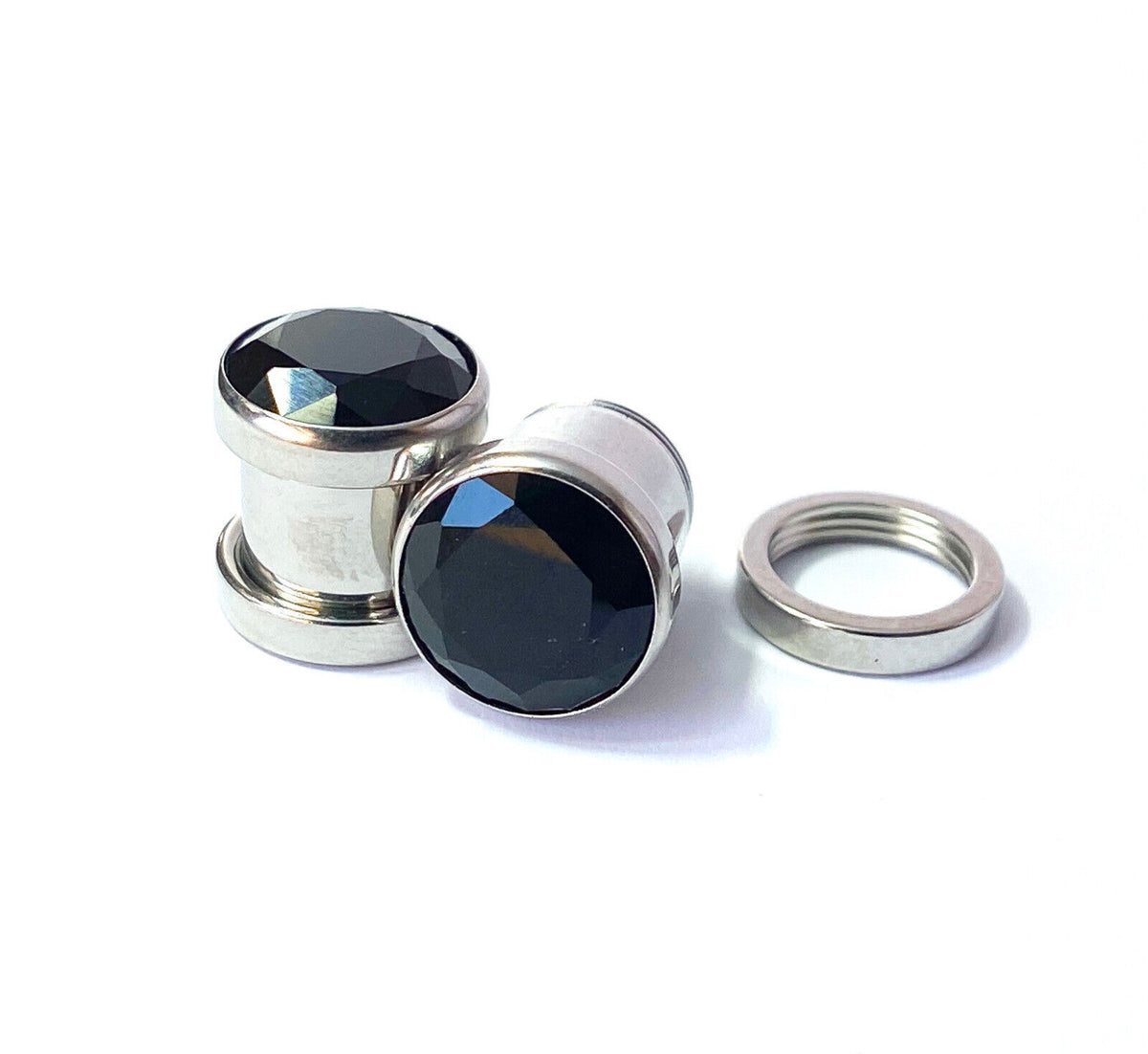 PAIR Large Black Gem Screw Fit Tunnel Plugs Gauges Pierced Body Jewelry Piercing