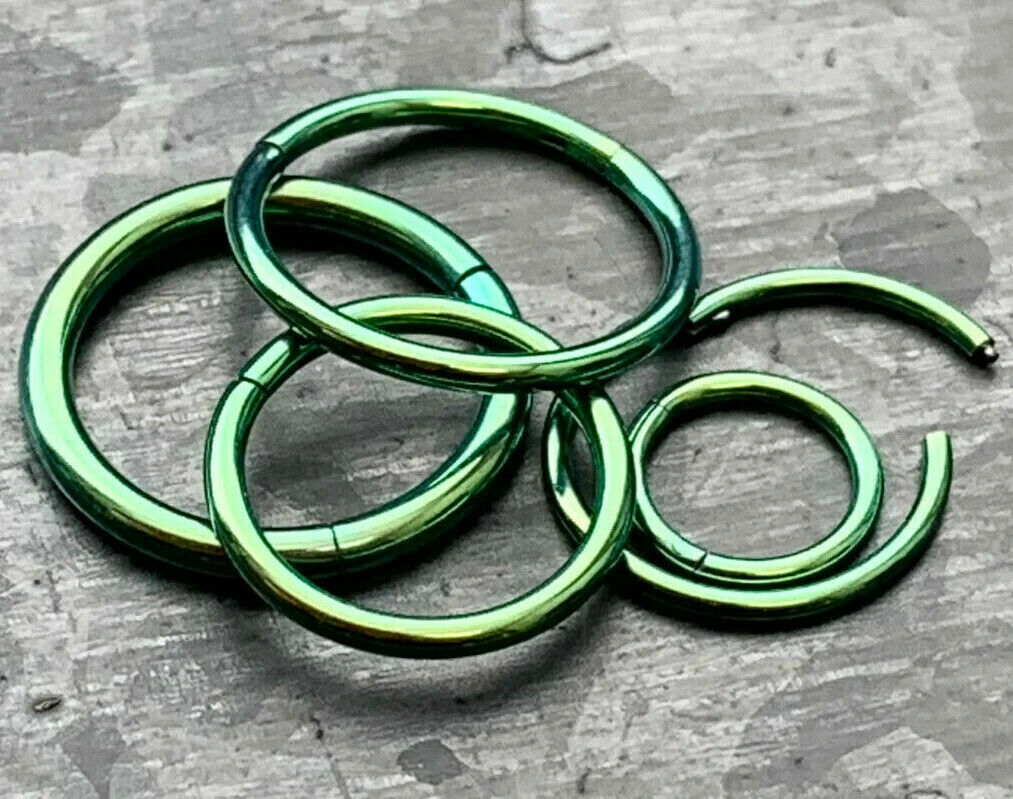 PAIR of Hinged Segment Rings Septum Clicker Hoops PVD over 316L Surgical Steel  (Color: Green)