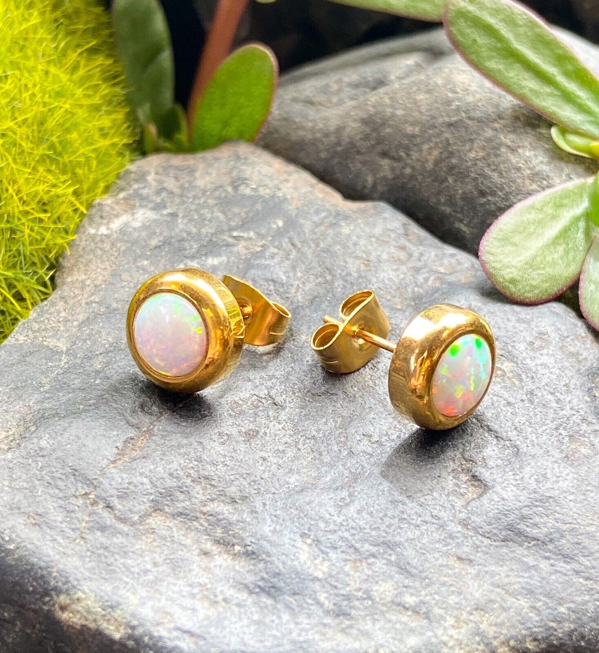 PAIR Large 6mm White Opal in 9mm Bezel Setting 316L Surgical Steel Earrings (Color: Gold)